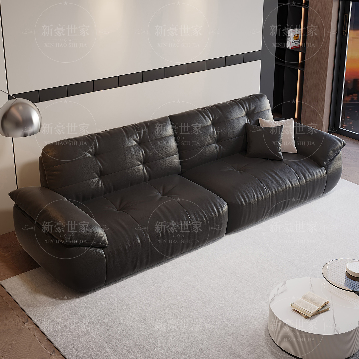 新豪世家  中古风大黑熊客厅家用小户型头层全青牛皮黑色直排沙发