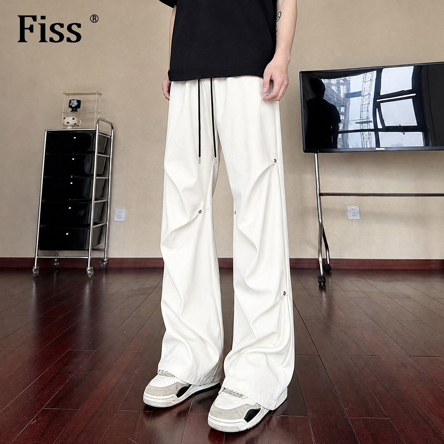 fiss松紧腰抽绳宽松直筒裤垂感美式休闲秋季铆钉褶皱冰丝阔腿裤男