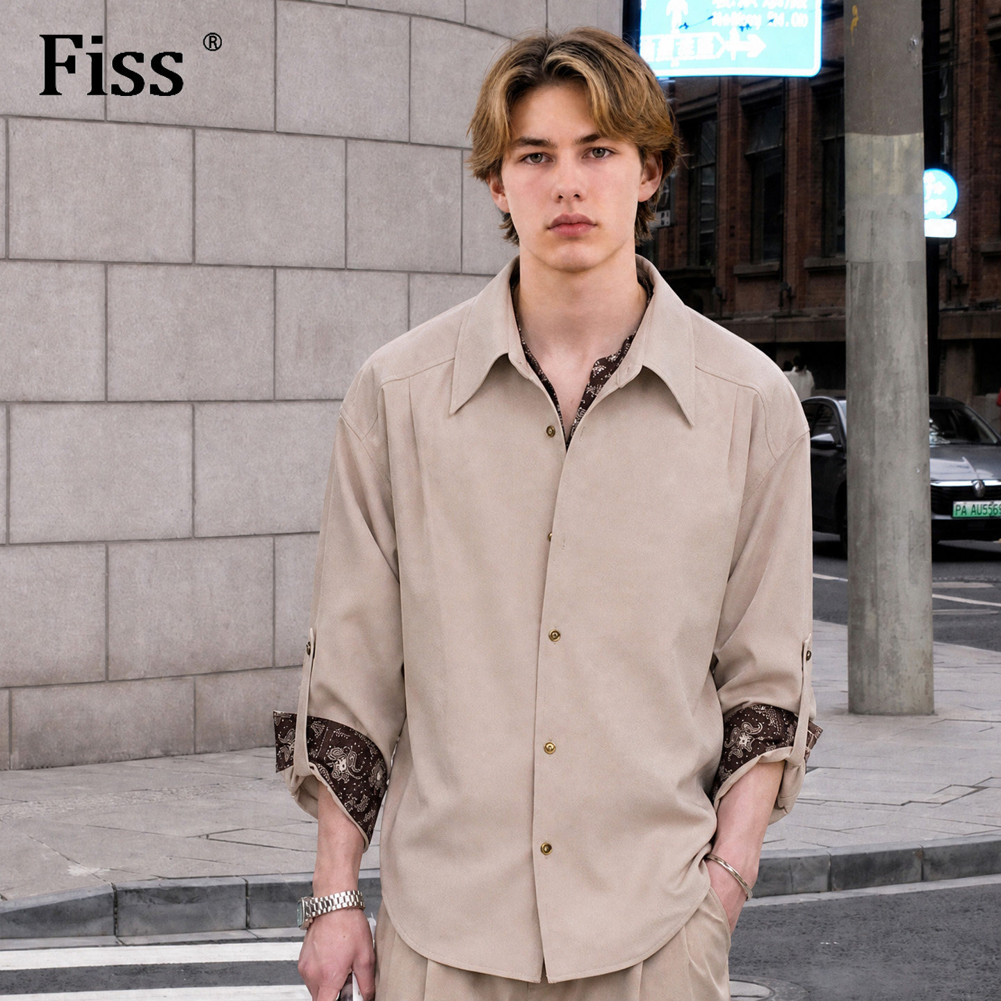 FISS美式复古假两件长袖衬衫男老钱风衬衣时尚休闲百搭宽松新款潮