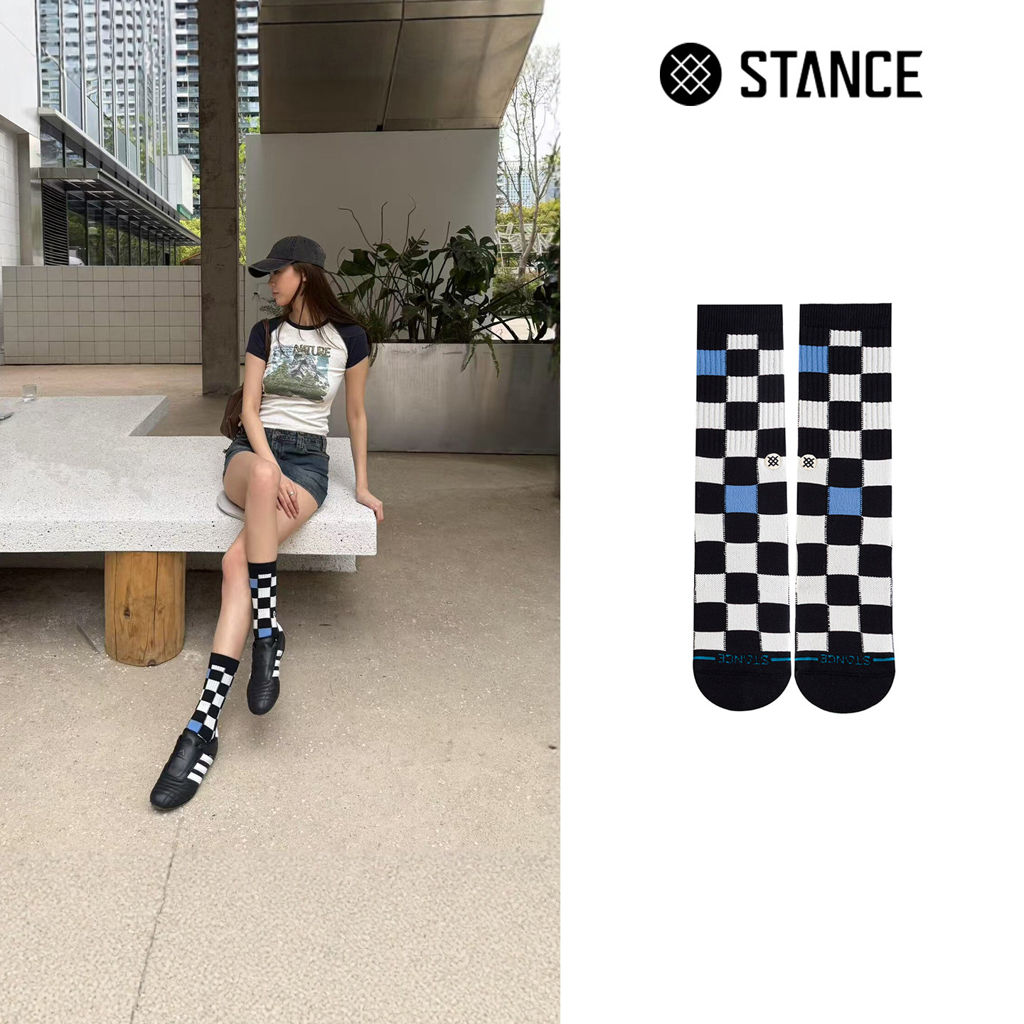 STANCE潮流袜子女袜中筒袜夏季个性袜子潮流中筒袜复古棋盘格袜子