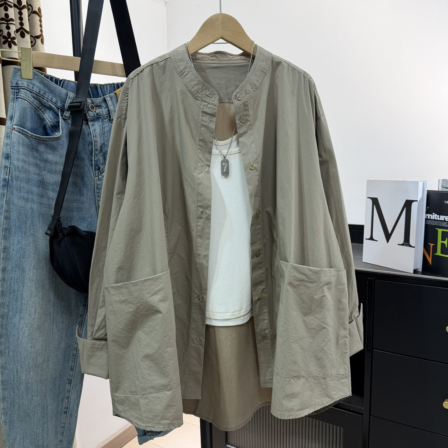 卡其色全棉立领衬衫女早秋新品休闲中长款大口袋工装宽松上衣外套