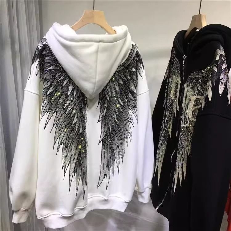 300斤超大码胖mm重工烫钻轻奢前后翅膀连帽长袖加绒外套卫衣女潮