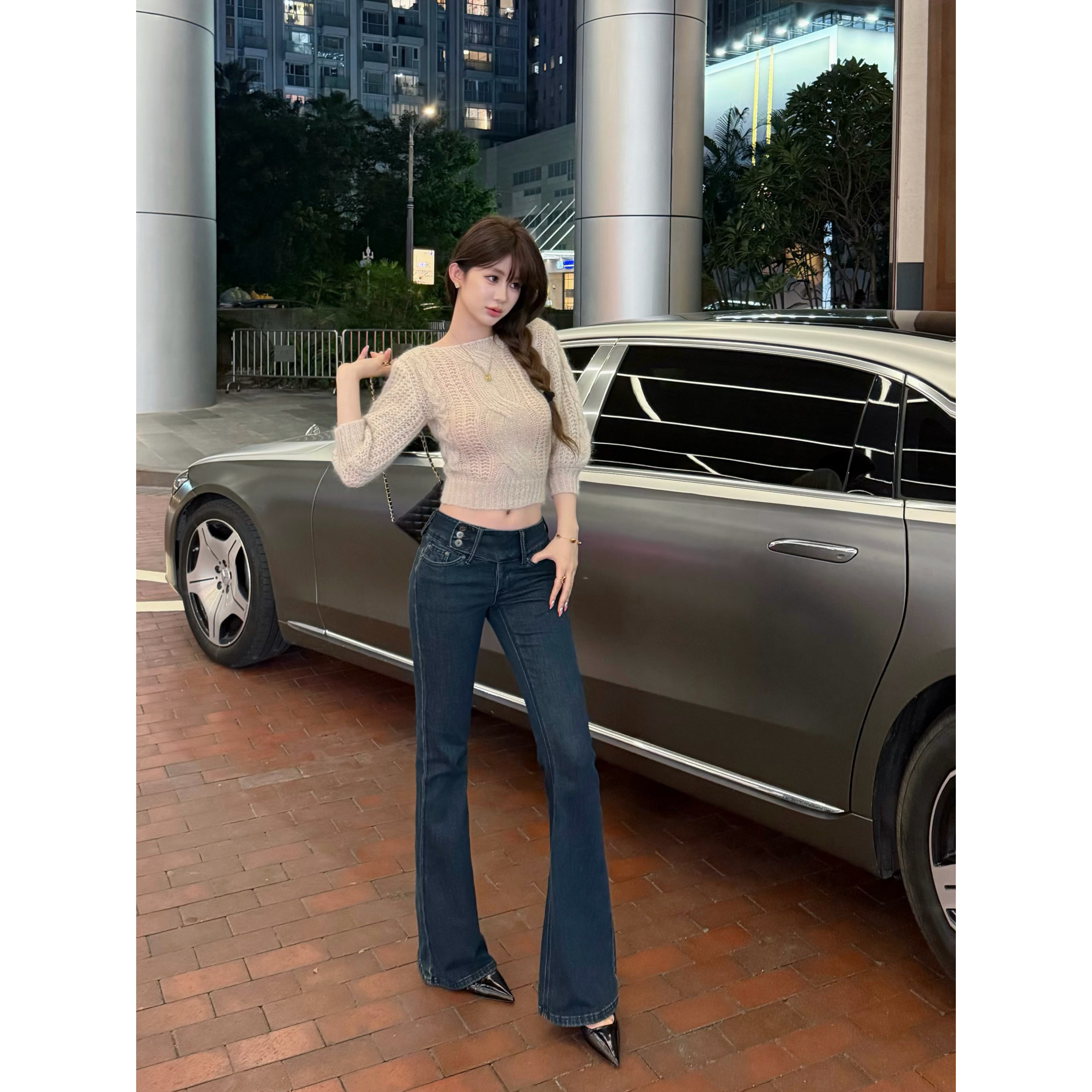 【雾底回声】巨显瘦显腿长复古蓝弹力牛仔裤女排扣垂感拖地喇叭裤