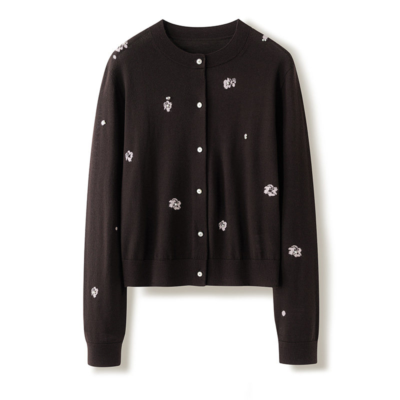 女开衫超细精纺扬子纱纯羊毛圆领绣花开衫4色可选小香风气质穿搭