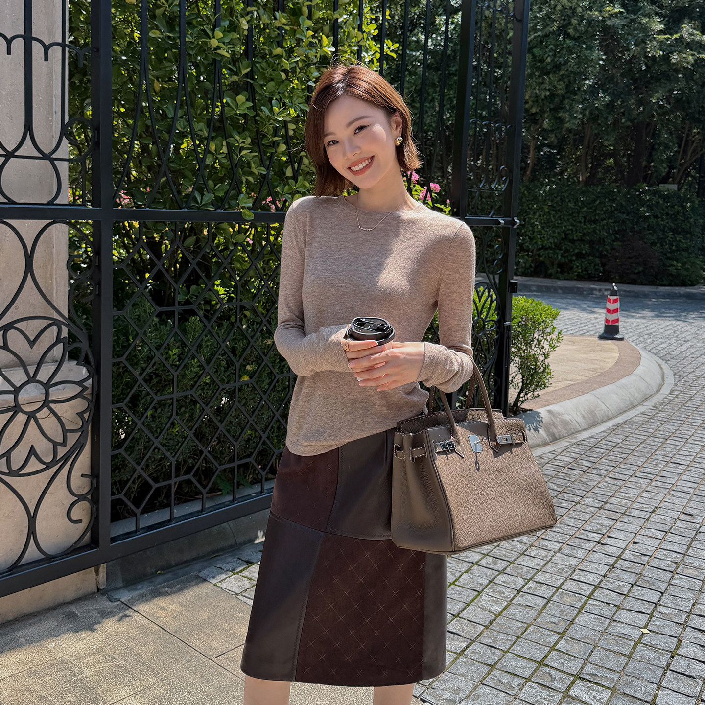 Malemars咖色圆领长袖绵羊毛针织衫女秋新款修身薄款内搭打底上衣