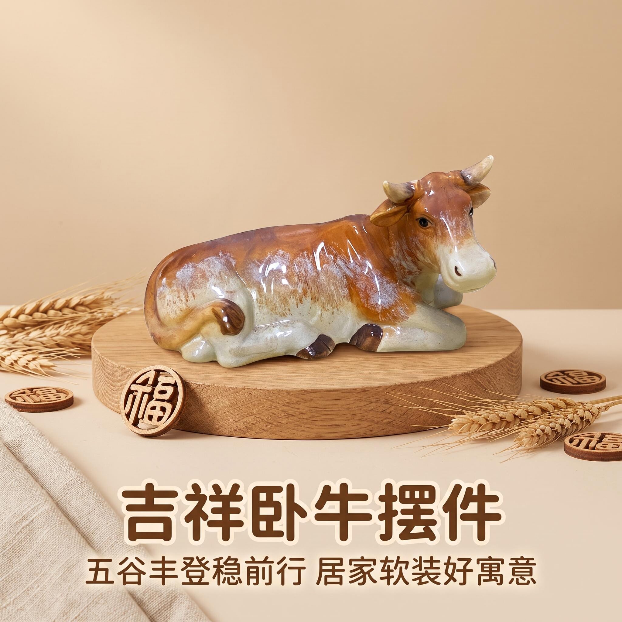 陶瓷卧牛摆件招财黄牛客厅办公室吉祥物扭转乾坤风水牛家居装饰