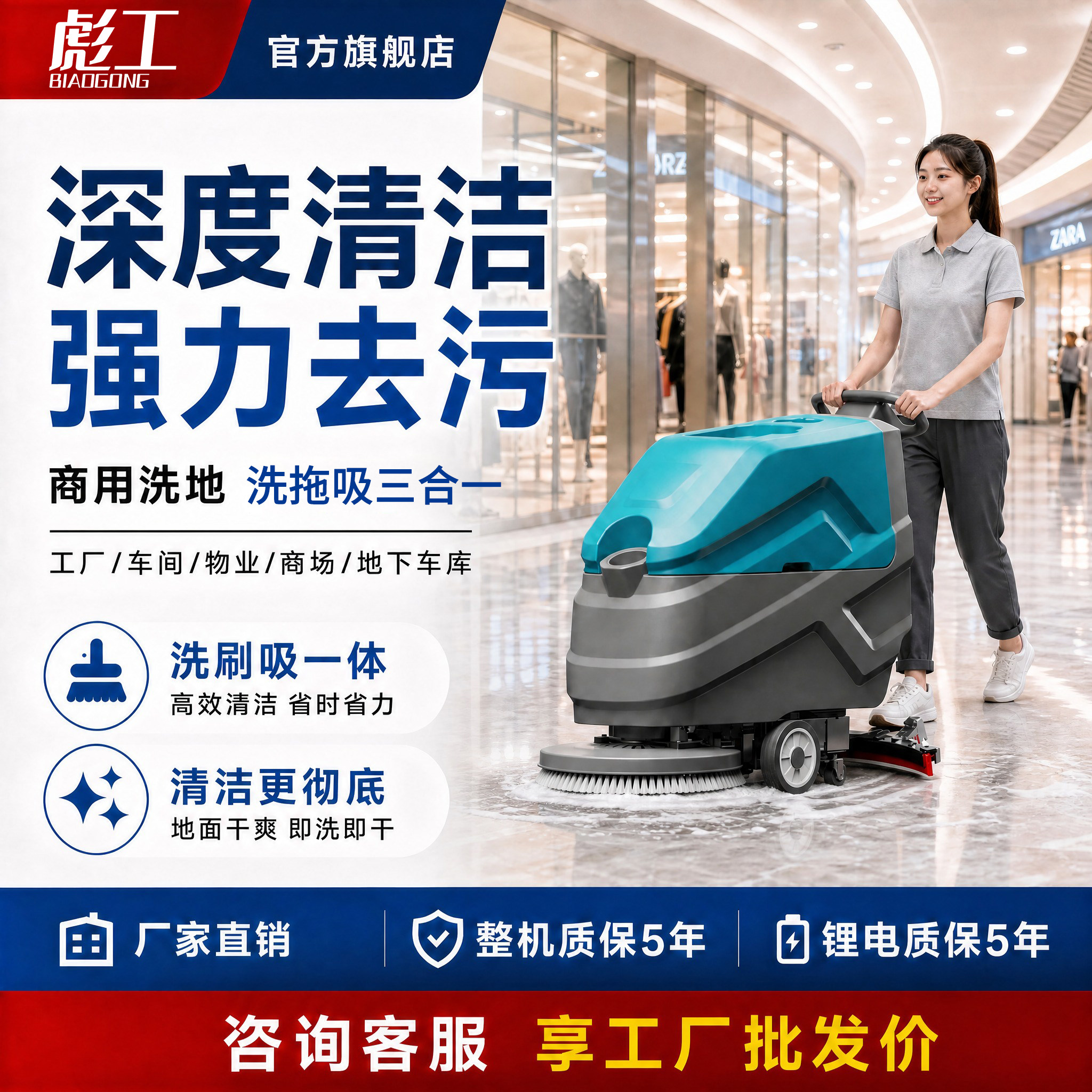 工业洗地机拖吸一体商用工厂车间商场车库擦地机洗地车洗拖吸一体