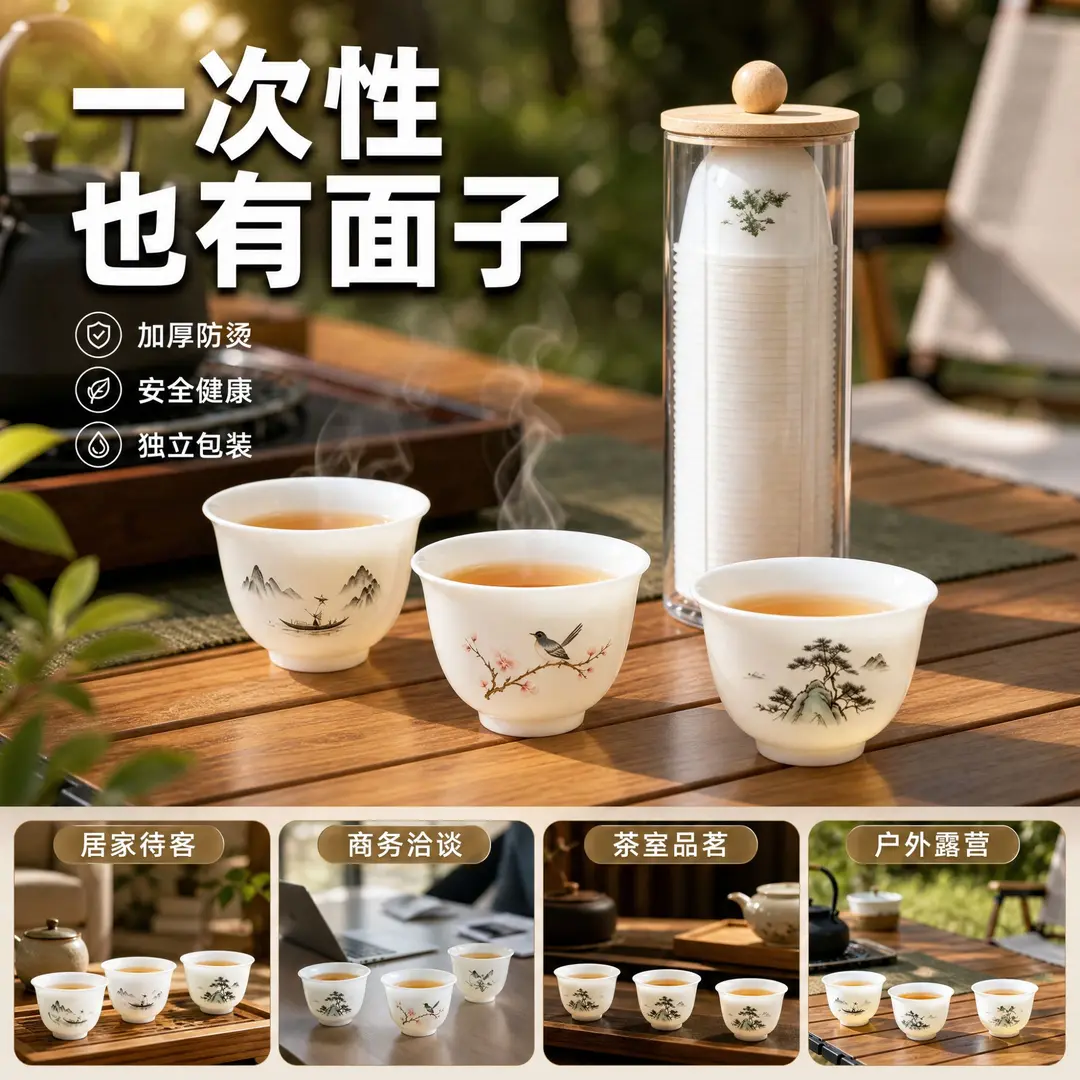 仿羊脂玉一次性茶杯家用商用招待客人创意喝茶杯中式日式品茗杯YK