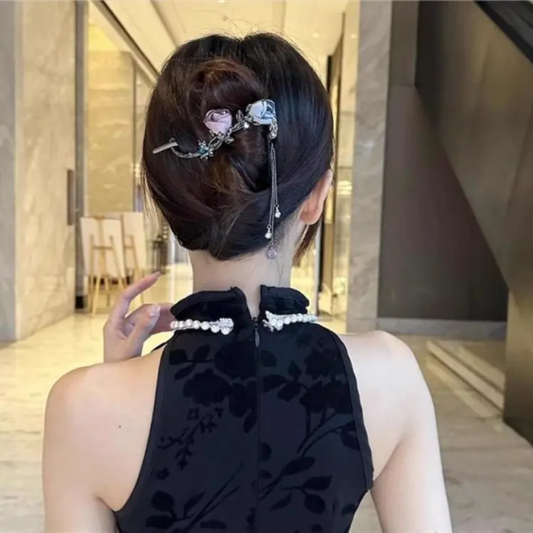 新款超仙玫瑰花流苏发夹复古镶钻扭扭夹女后脑勺盘发夹子头饰cc