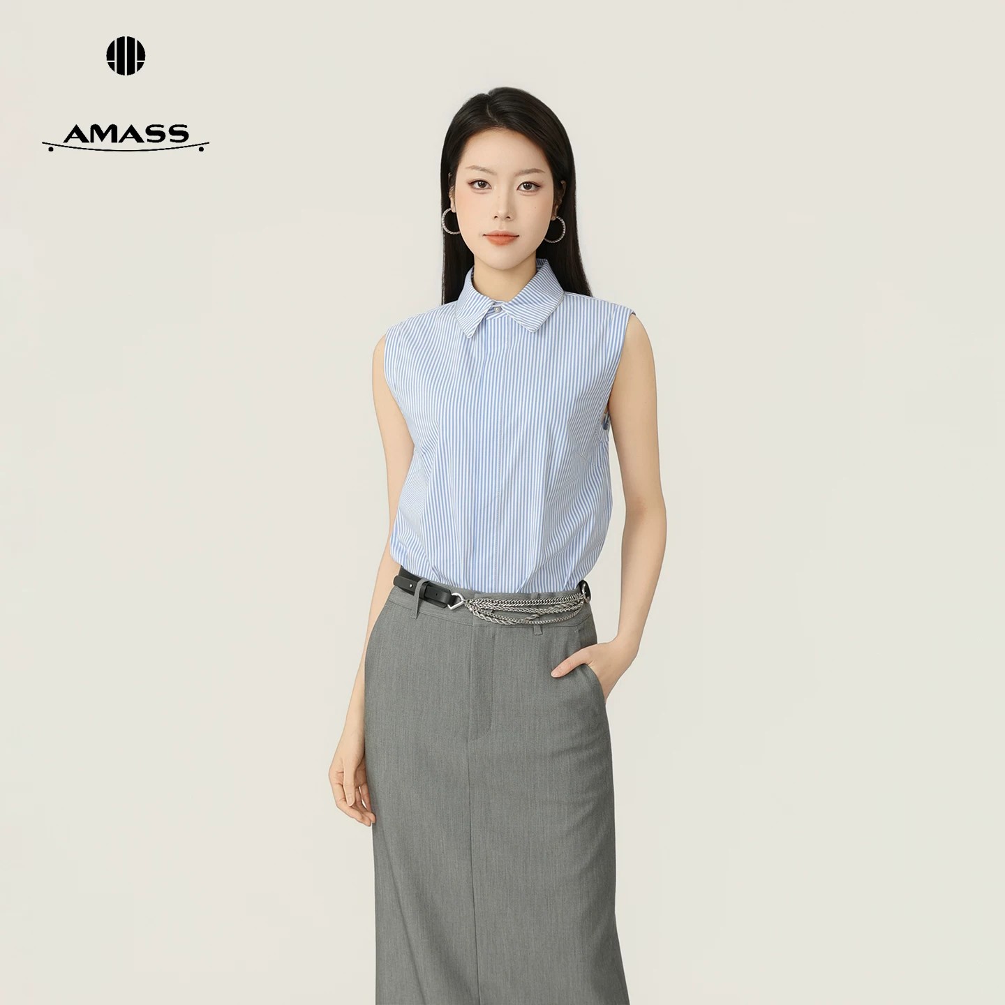 阿玛施显瘦竖条纹无袖衬衫中长款直筒上衣2026夏季新品女士530075