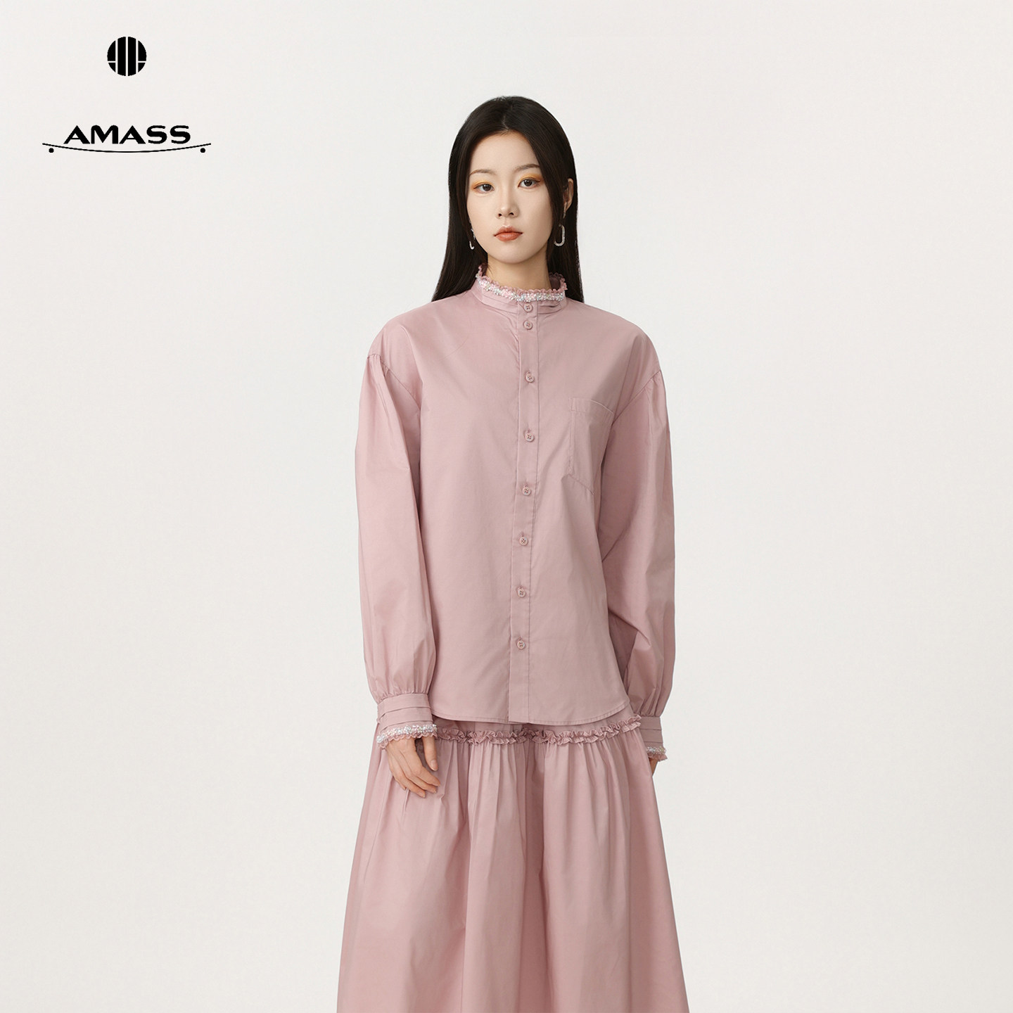 阿玛施法式蕾丝半高领女士衬衫
