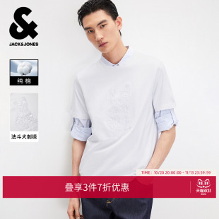 杰克琼斯男装T恤新款简约时尚精致刺绣纯棉圆领短袖常规上衣
