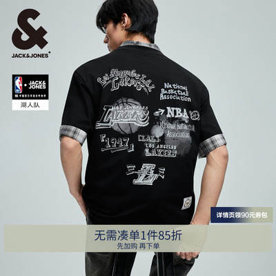 【NBA联名款湖人队】杰克琼斯短袖T恤舒适纯棉涂鸦印花圆领宽松