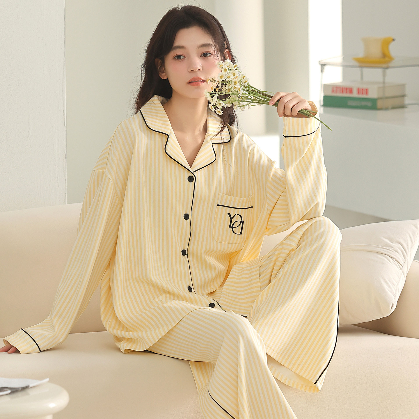 日系慵懒全棉家居服女春秋翻领开睡衣/家居服套装