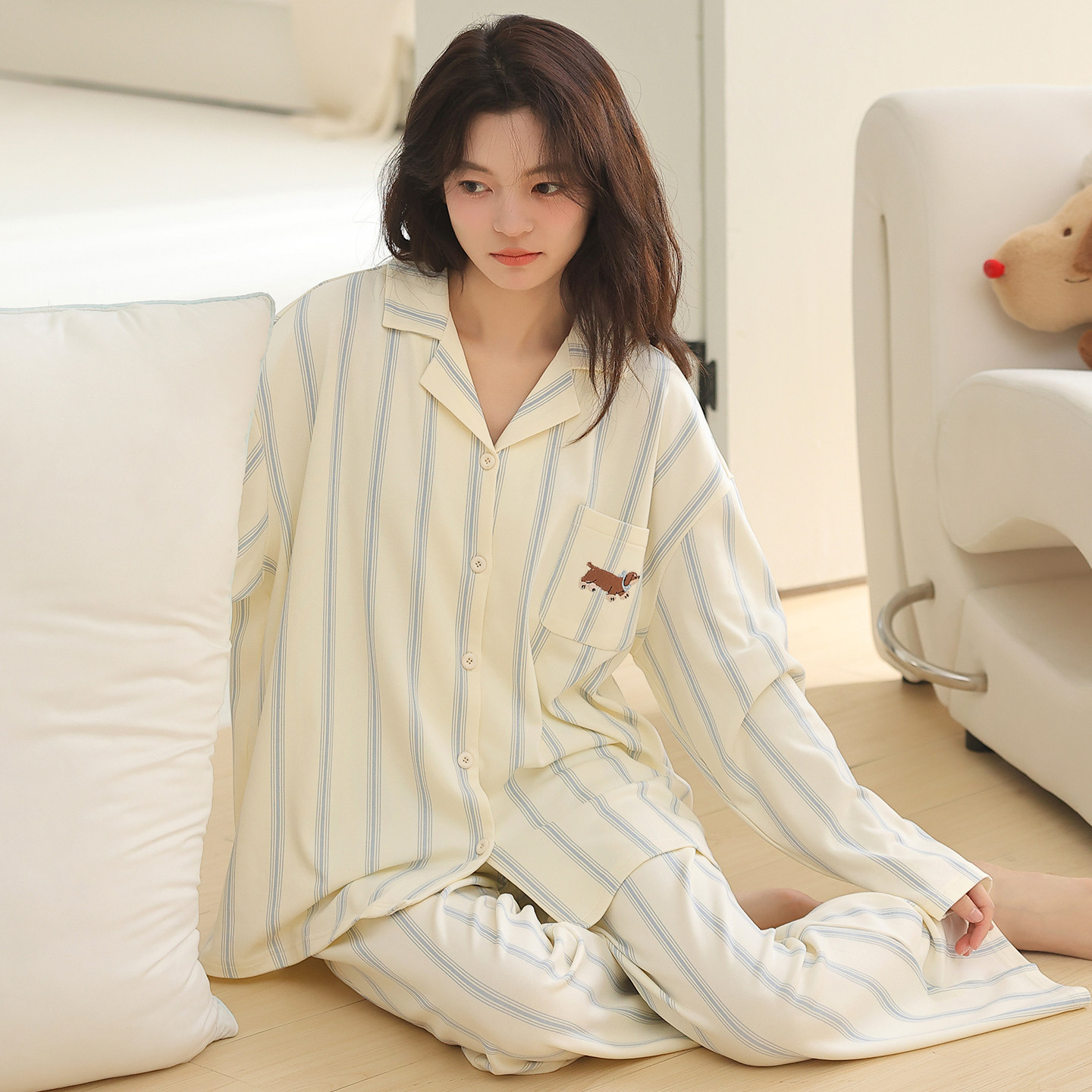 日系ins风纯棉睡衣女春秋季长睡衣/家居服套装
