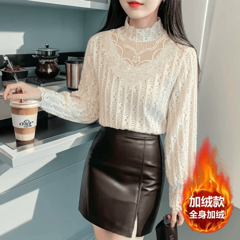 加绒加厚半高领蕾丝打底衫女秋冬2025新款洋气内搭小衫长袖上衣潮