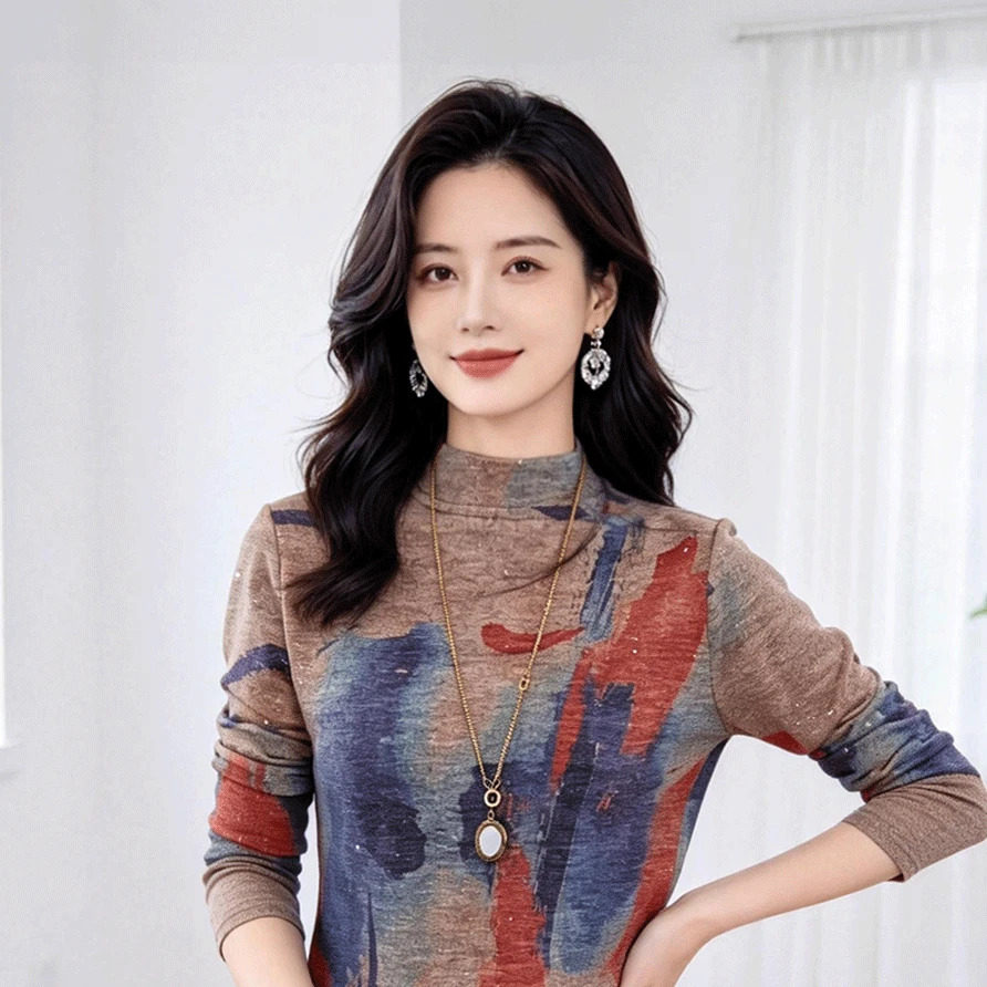 秋款新品上衣彩色缤纷减龄长袖气质时尚百搭小衫打底衫A0304