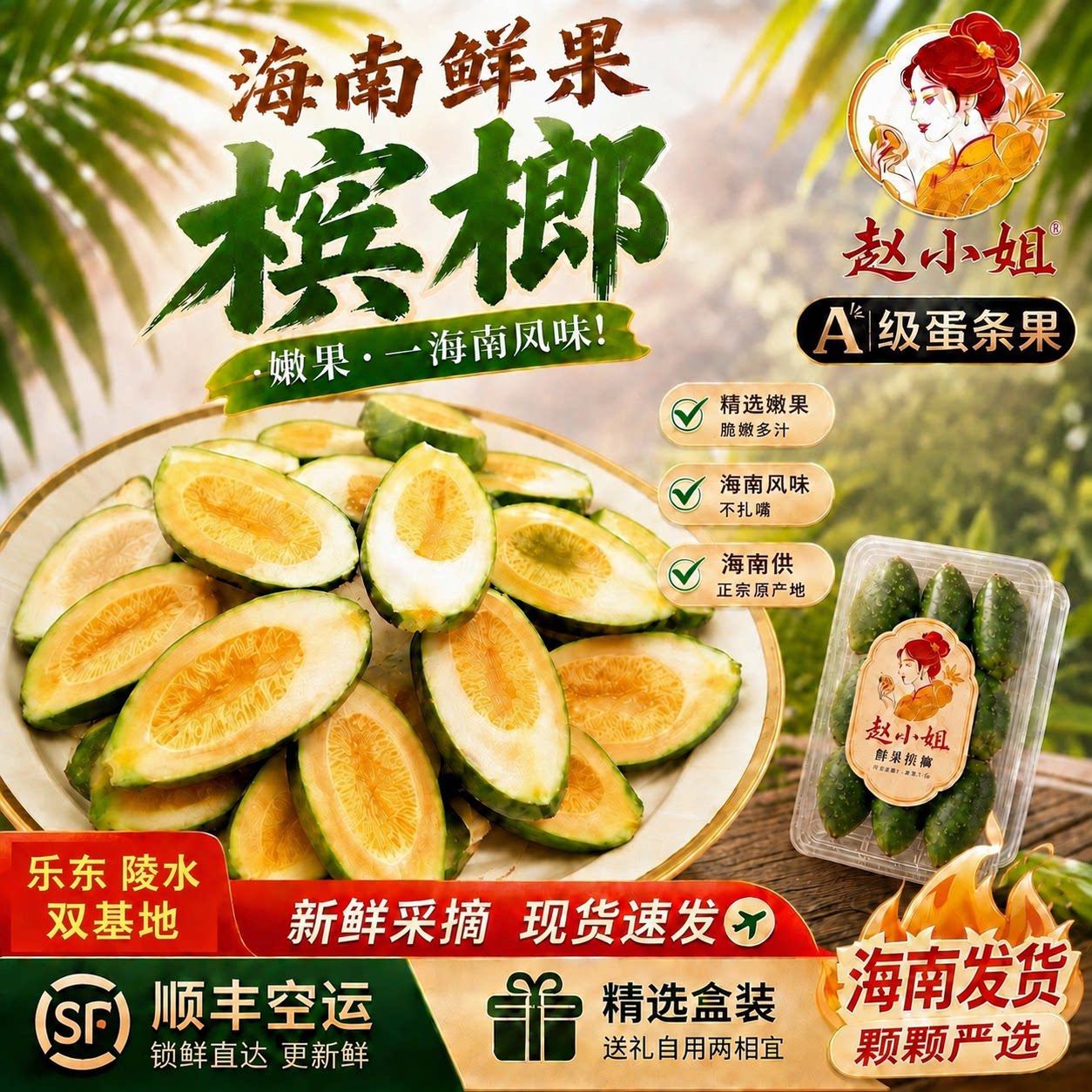 海南青槟榔生果乐东陵水槟榔新鲜槟榔果园现摘带配料盒装顺丰空运