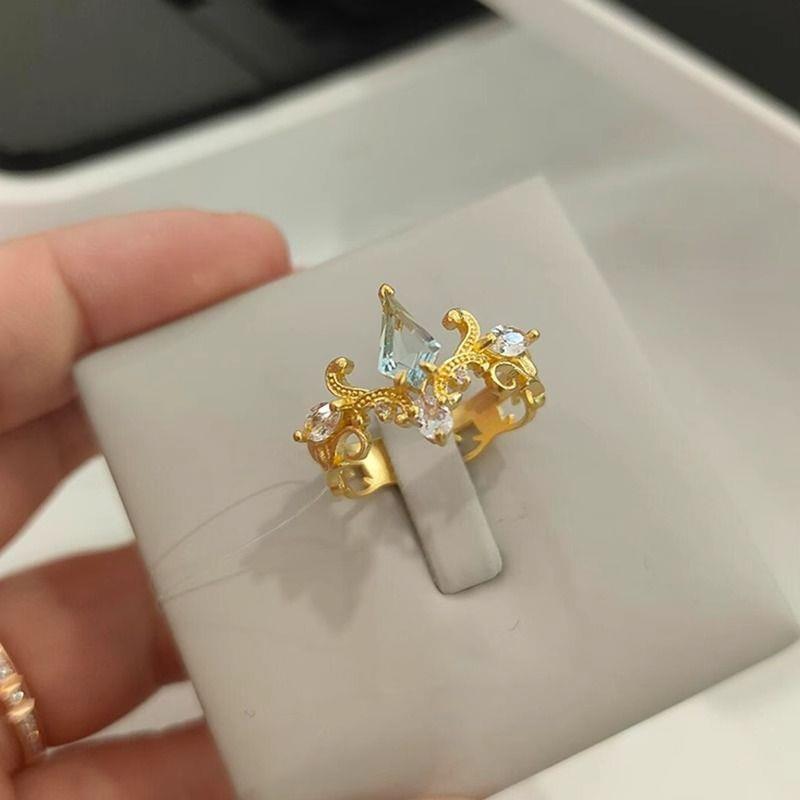 中古蓝色闪钻皇冠婚庆订婚戒指复古vintage宫廷风开口镀金食指戒