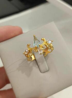 中古蓝色闪钻皇冠婚庆订婚戒指复古vintage宫廷风开口镀金食指戒