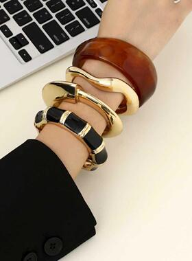 欧美复古轻奢滴油竹节开口手镯Bracelet设计感合金不规则波浪手环