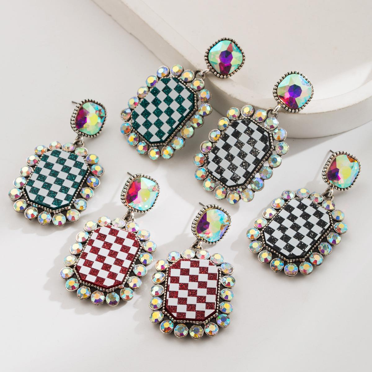 欧美潮流时尚新款个性镶钻格子耳环女合金方形气质耳钉earrings