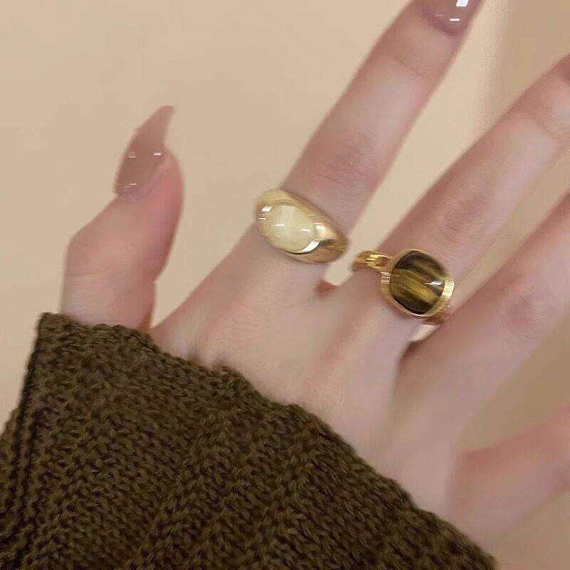 琥珀色猫眼石开口戒指女小众轻奢设计感食指戒时尚复古级感指环