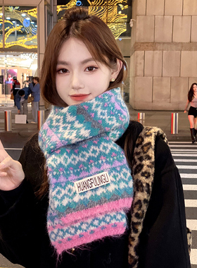 OVANCY高级感羊毛围巾女冬季2025新款圣诞复古毛线针织保暖小围脖