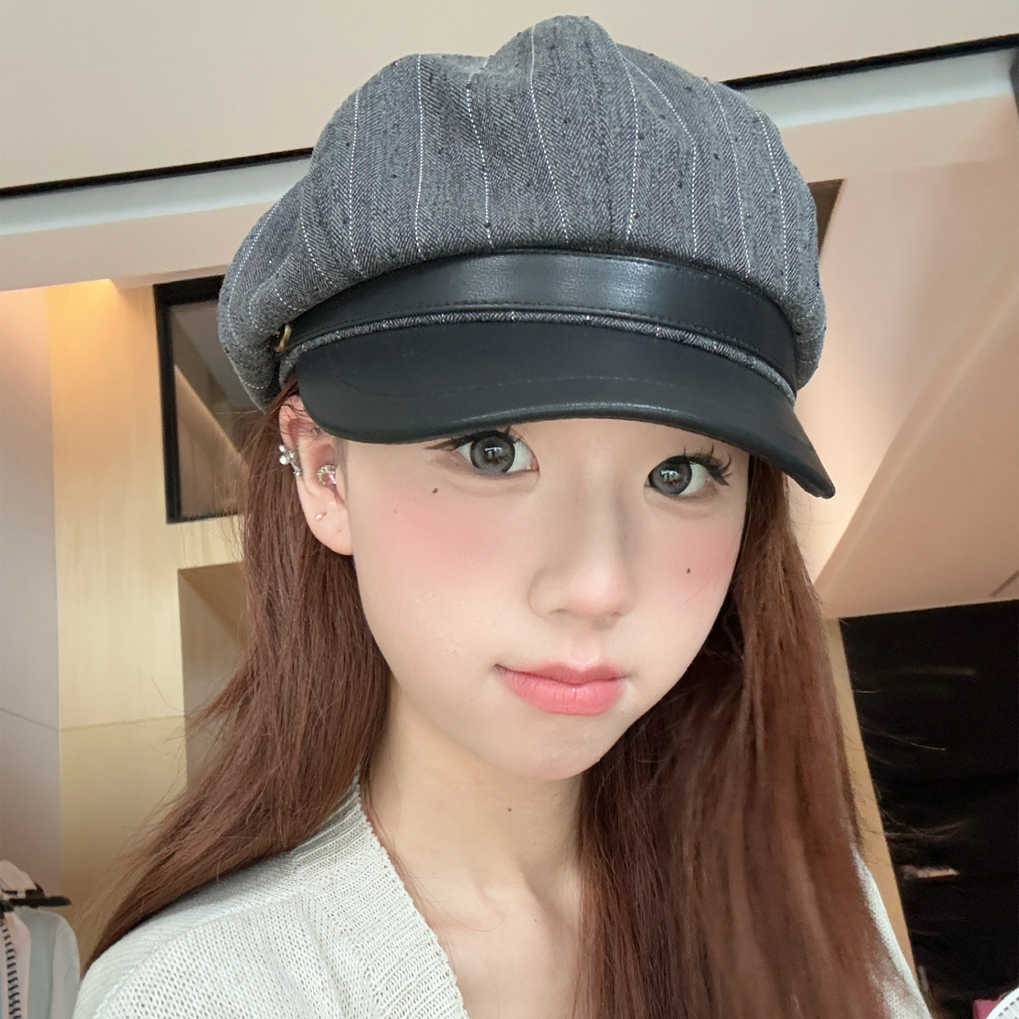 OVANCY显脸小PU皮质八角帽女2025新款海军贝雷帽高级感复古报童帽