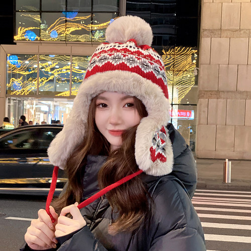 OVANCY东北防寒毛绒雷锋帽女冬季2025新款户外骑车护耳圣诞毛线帽