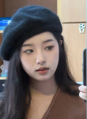 OVANCY羊毛贝雷帽女秋冬复古马海毛针织画家帽显脸小毛绒毛线帽子