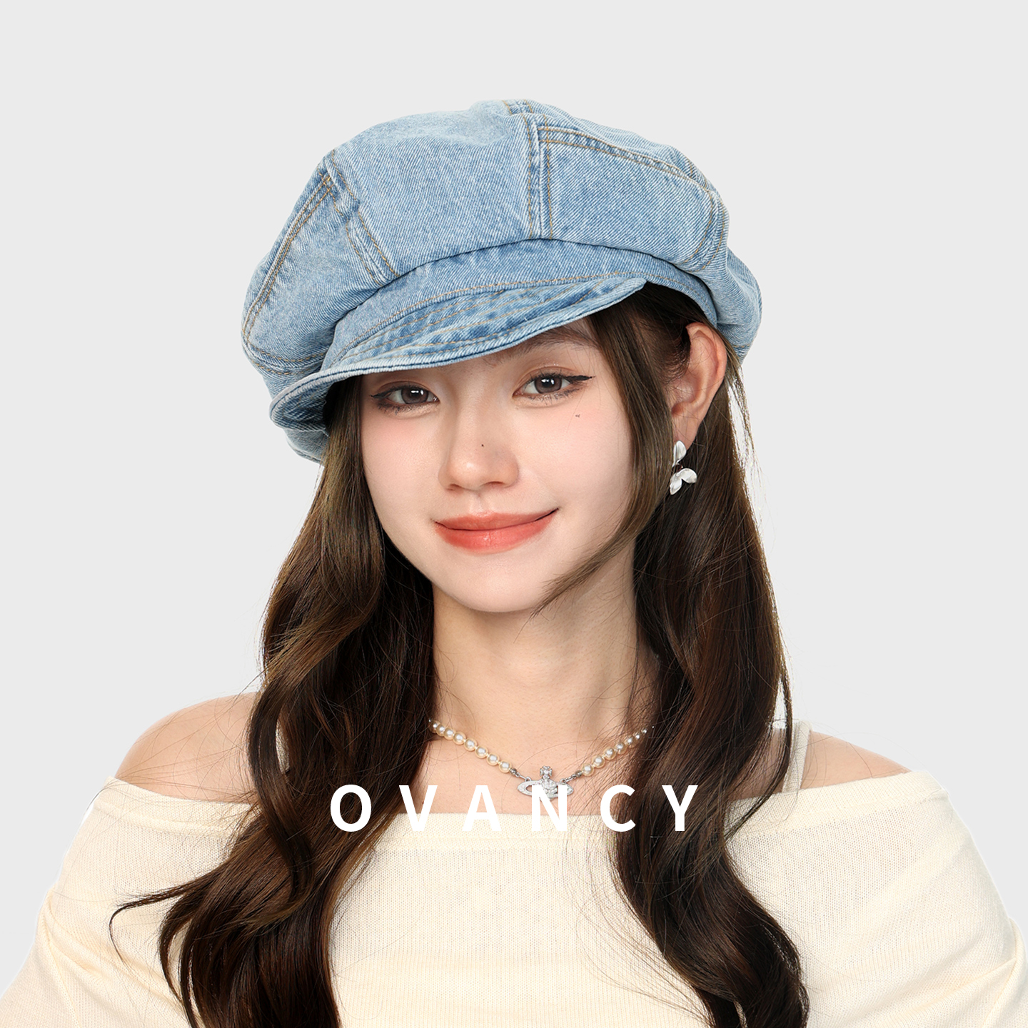 OVANCY复古牛仔云朵贝雷帽女日系显脸小报童八角帽大版画家遮阳帽