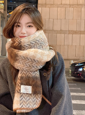 OVANCY千鸟格围巾女冬季2025新款高级感马海毛红色披肩保暖围脖潮