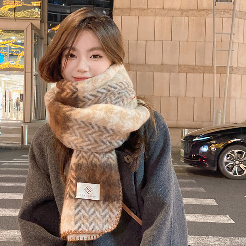 OVANCY千鸟格围巾女冬季2025新款高级感马海毛红色披肩保暖围脖潮