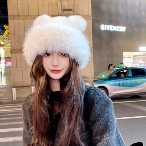 OVANCY可爱小熊毛绒雷锋帽女冬季地痞护耳毛茸茸渔夫帽白色蒙古帽
