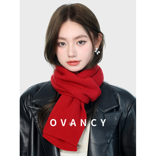OVANCY高级感100%羊毛围巾女冬季2025新款纯色高档针织保暖围脖潮