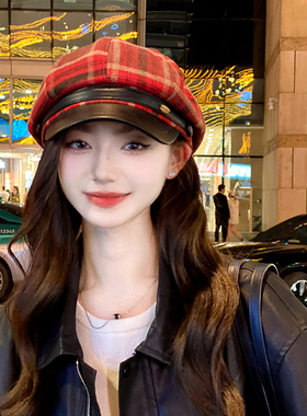 OVANCY显脸小八角帽女2024秋冬新款毛呢格子贝雷帽复古报童鸭舌帽
