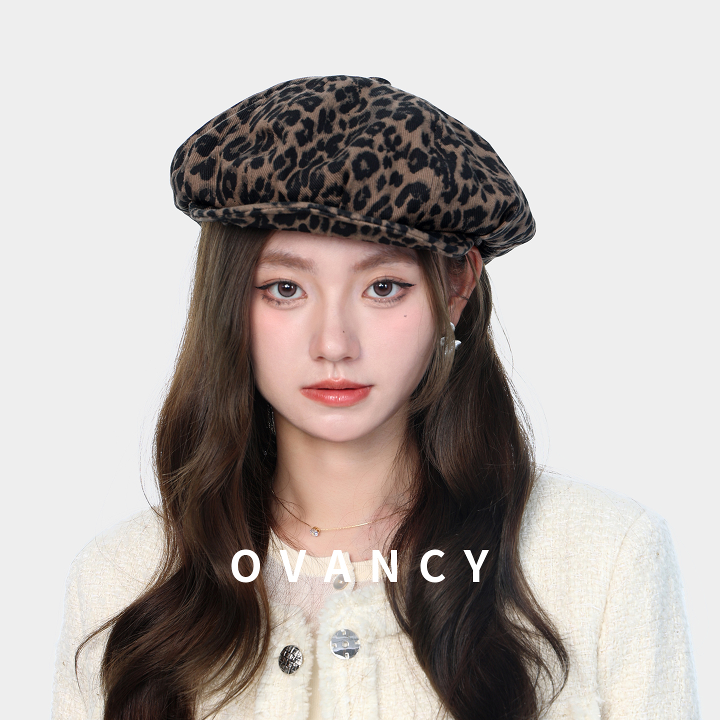 OVANCY慵懒风豹纹八角帽女2025新款松绿复古贝雷帽潮搭报童鸭舌帽