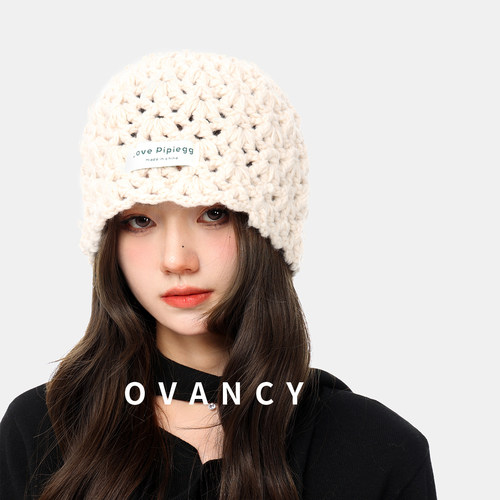 OVANCY镂空针织帽女2025新款手工编制包头毛线帽显脸小堆堆冷帽子