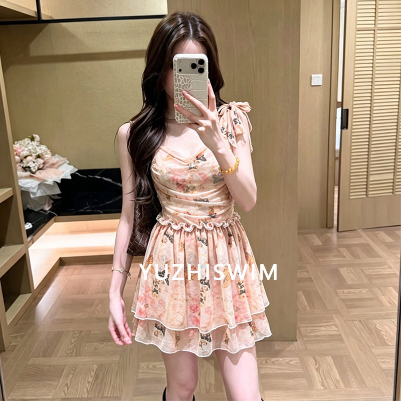 泳衣女款连体两件套裙式法式复古时尚印花少女度假泡温泉泳衣