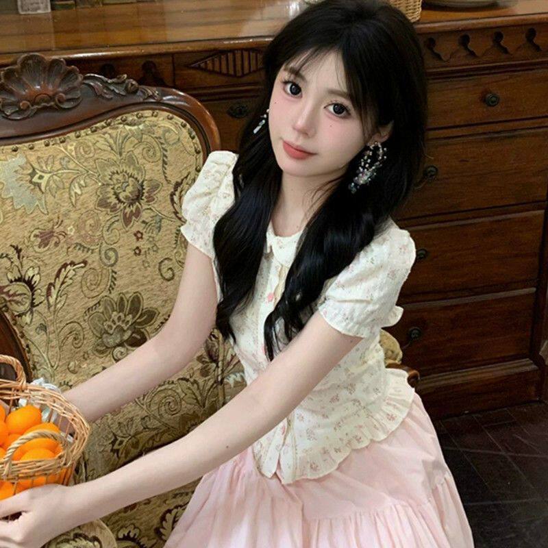 甜美穿搭一整套夏季甜美可爱森女风娃娃领衬衫搭配粉色高腰半身裙