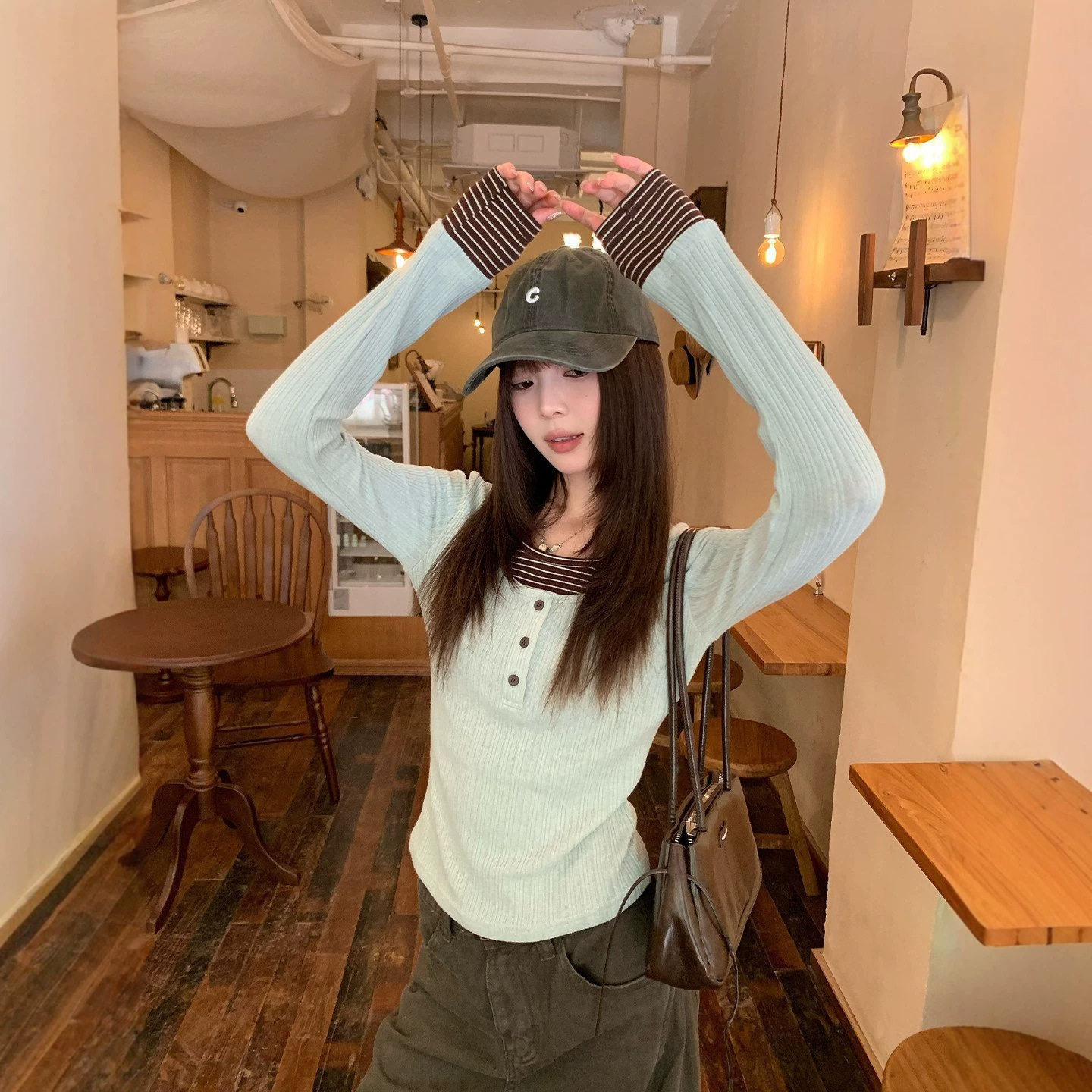 法式绿色假两件长袖T恤少女秋季设计感修身显瘦内搭打底衫上衣ins