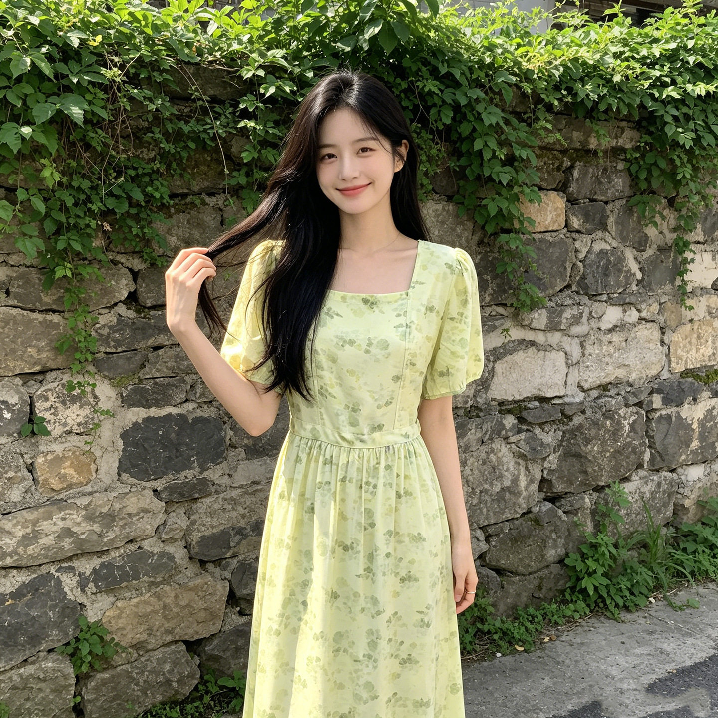 棉绸连衣裙夏季法式温柔风碎花裙女泡泡袖收腰显瘦中长款凉感白裙