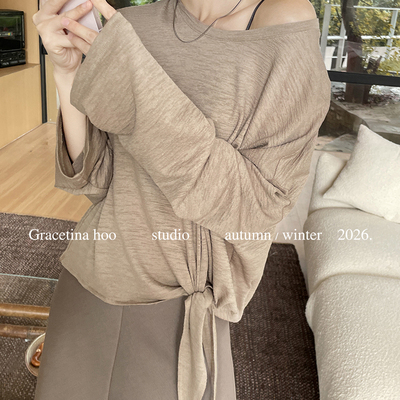 GRACETINA HOO-亚麻肌理感松弛不规则系带通勤百搭长袖T恤TB4157