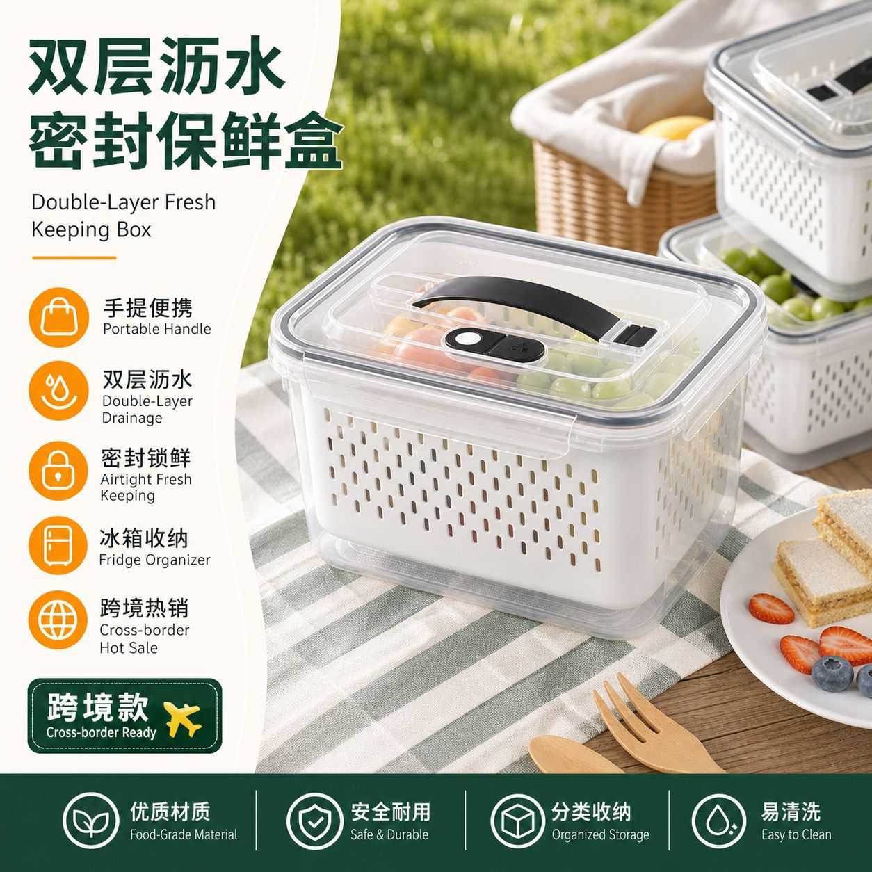 手提保鲜盒户外便携收纳盒双层沥水盒密封塑料带盖冰箱冷冻盒