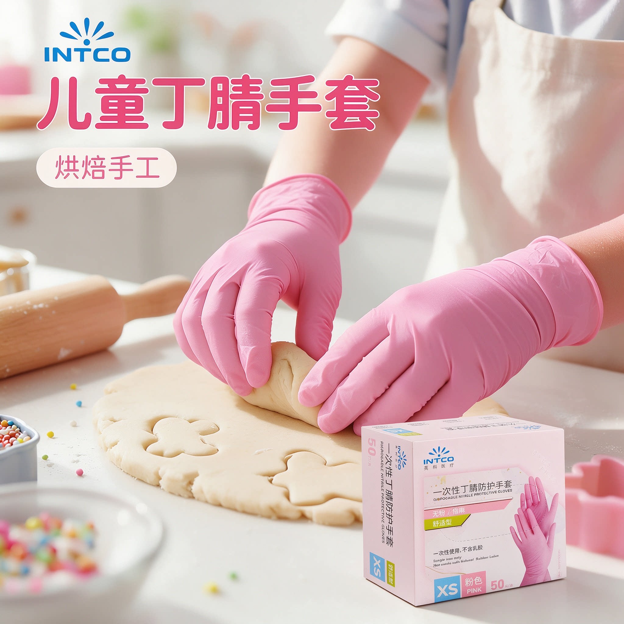 英科儿童防护一次性手套丁腈耐用手工绘画diy食品接触级专用手套