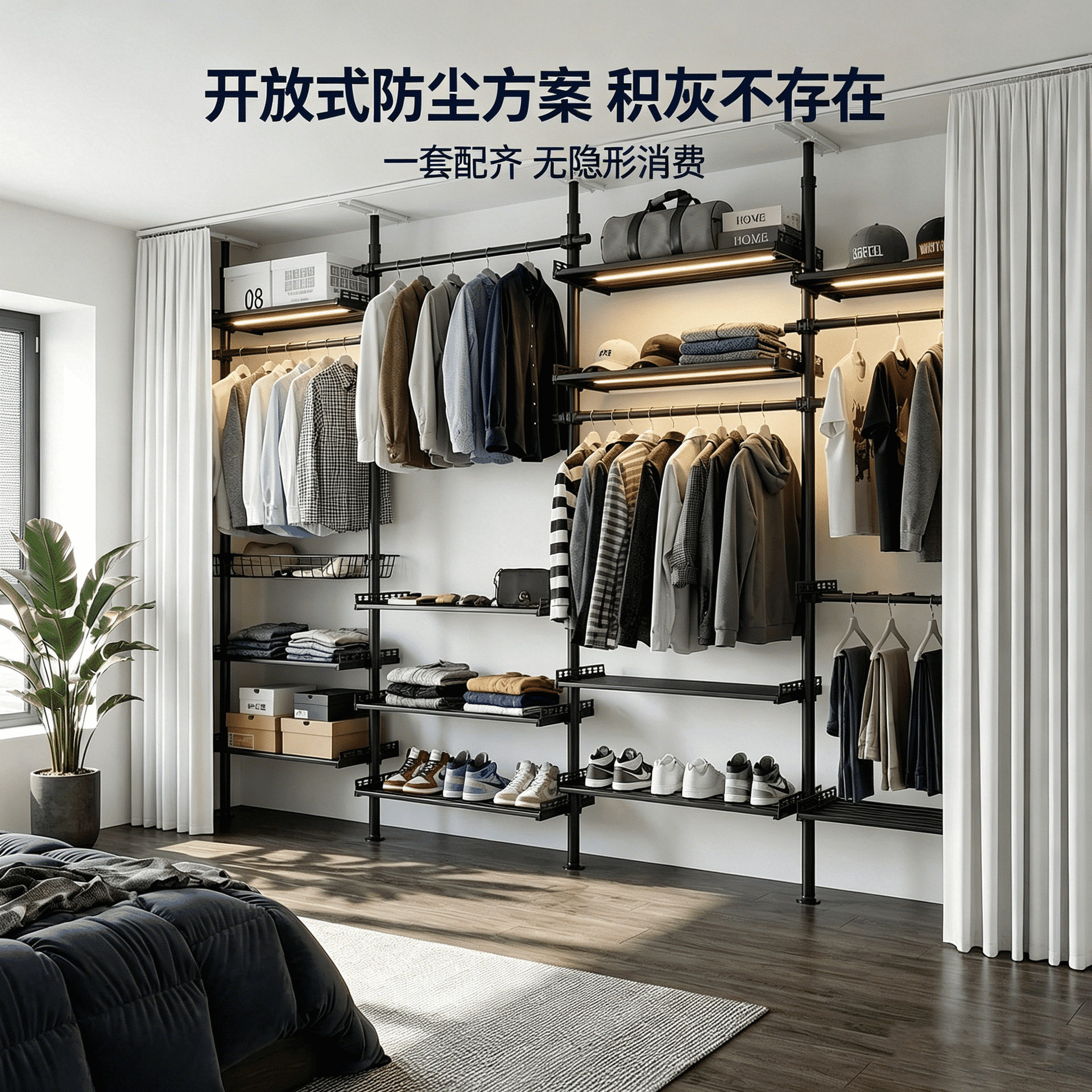 落地衣架顶天立地置物架衣帽间开放式衣柜晾衣架金属架子出租房用图片