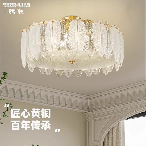全铜卧室羽毛吸顶灯奶油风客厅餐厅公主书房间灯轻奢法式创意灯具