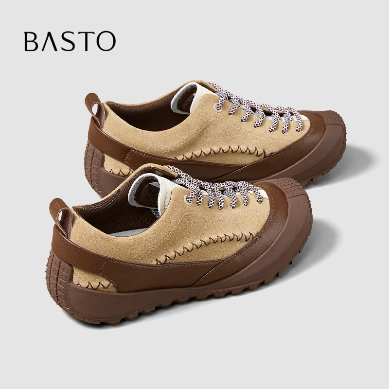 BASTO/百思图复古拼色户外徒步鞋女防撞厚底山系穿搭低帮休闲鞋秋