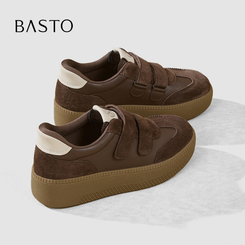 BASTO/百思图2026秋冬季复古拼色厚底板鞋女魔术贴懒人增高休闲鞋